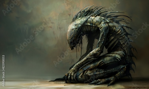 Alien-like Creature Kneeling On Deserted Land