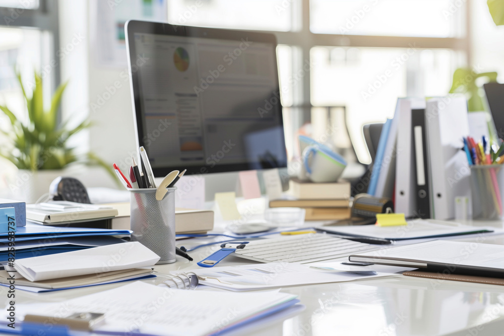 A cluttered desk with a computer monitor, a cup, and a plant. The desk is messy and disorganized, with papers and books scattered around A cluttered desk with a computer monitor, a cup, and a plant. The desk is messy and disorganized, with papers and books scattered around