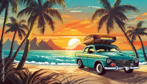 car on beach with palms and sunset, art design,