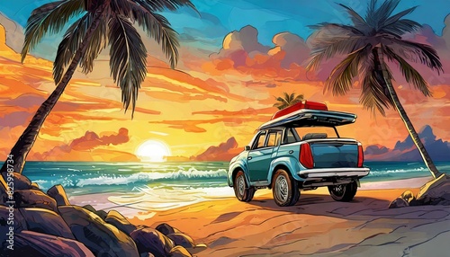 car on beach with palms and sunset  art design 