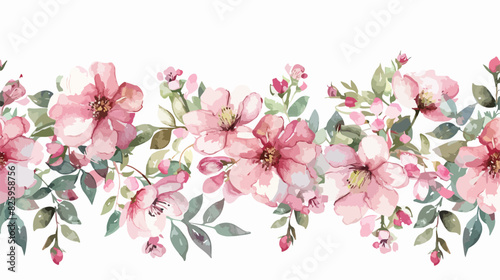 Repeating banner with Watercolor pink flowers botanic
