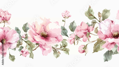 Repeating floral border with pink watercolor flowers.