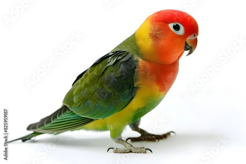Vibrant Lovebird Perched on Branch Against White Backdrop