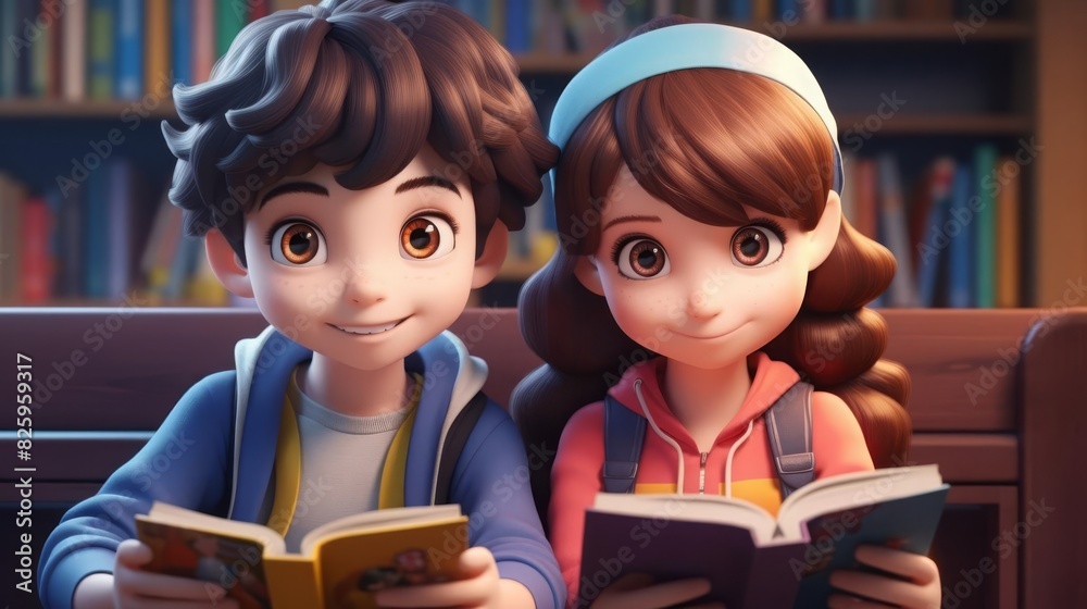 Boy and girl reading cartoon flat design front view library theme 3D render Splitcomplementary color scheme Boy and girl reading cartoon flat design front view library theme 3D render Splitcomplementary color scheme