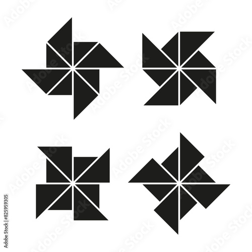 Abstract pinwheel Vector icons. Black geometric windmill shapes. Modern design elements collection. Dynamic motion concept.