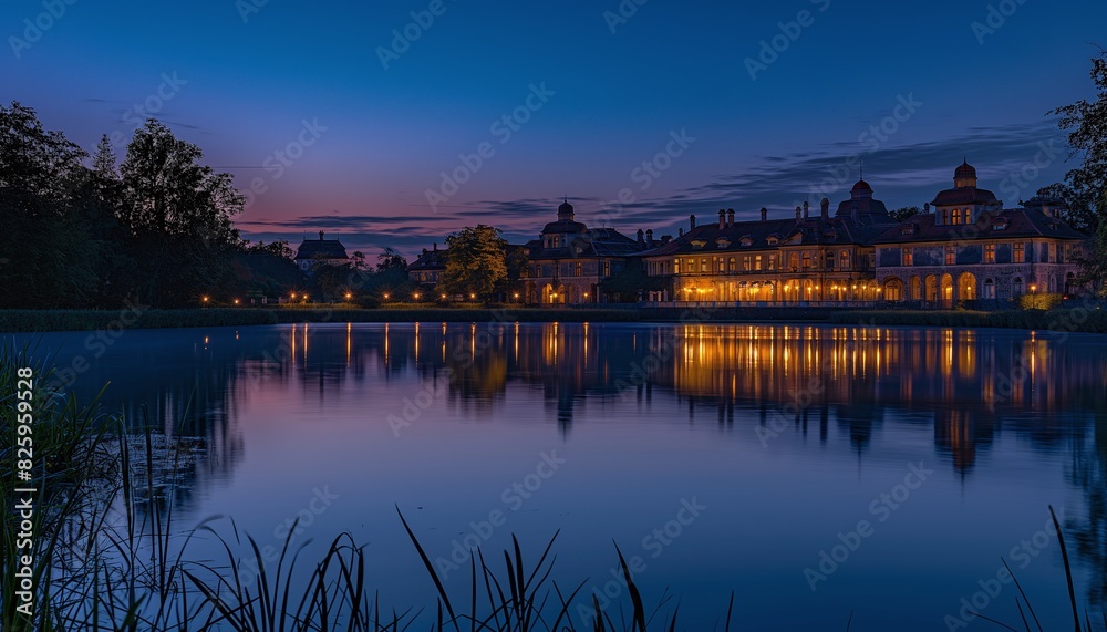 Fototapeta premium Twilight Reflections of a Historical Palace on a Tranquil Lake