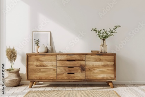 Minimalist wooden sideboard with decorative vases