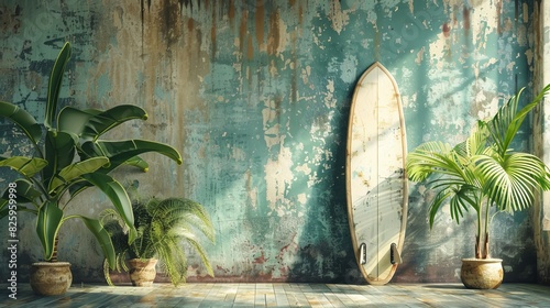 Nostalgic summer day, surfboard leaning against a weathered wall, tropical plants, sunlight illuminating the scene photo