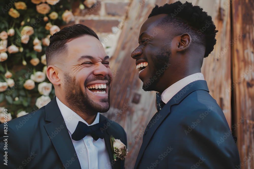 Portrait of happy gay couple on their wedding day against color background. Portrait of happy gay couple on their wedding day against color background.