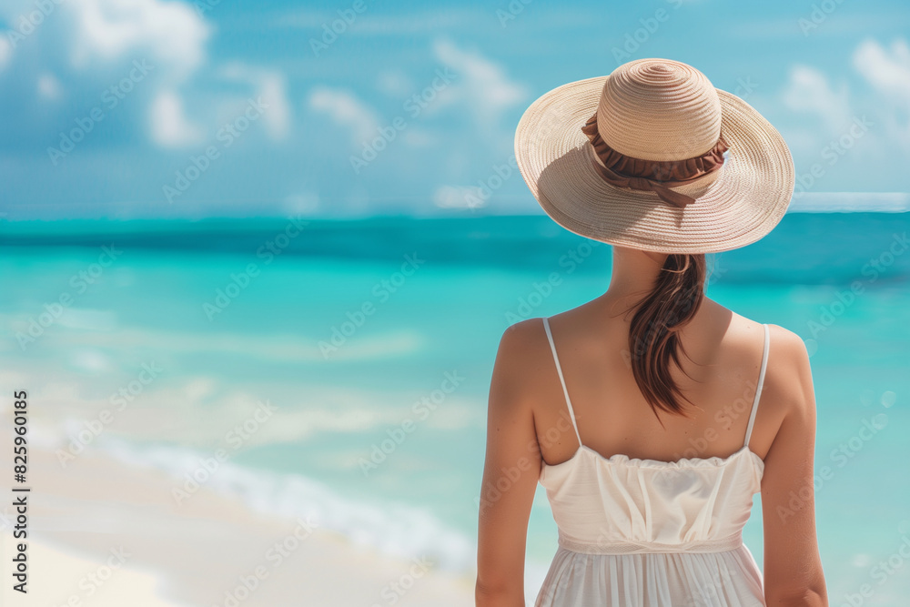A woman wearing a white hat is standing on a beach. The sky is blue and the water is calm