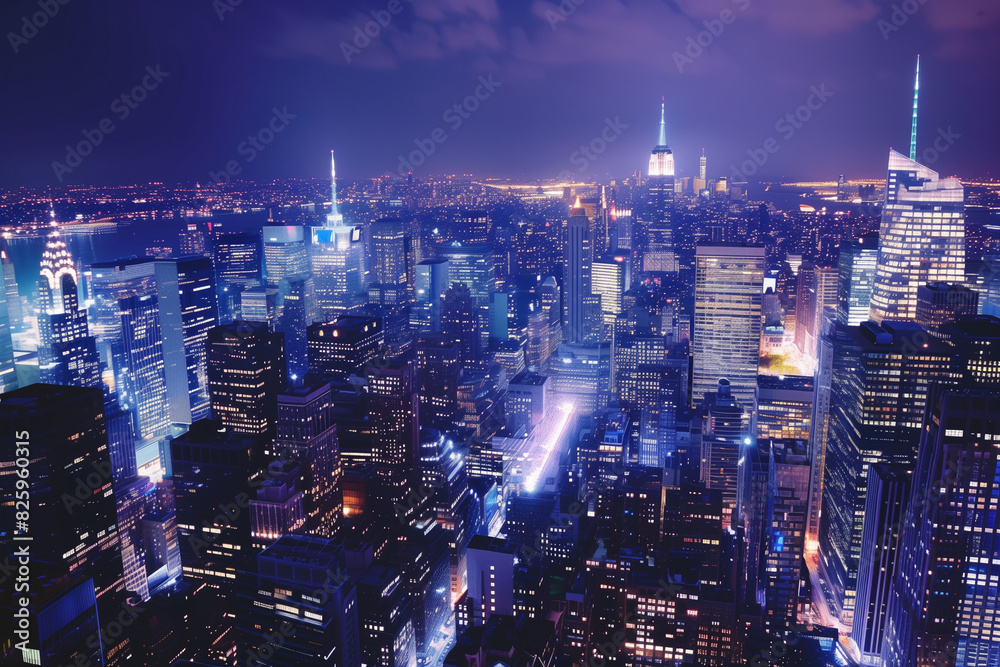 City Skyline at Night: Aerial View of Illuminated Skyscrapers