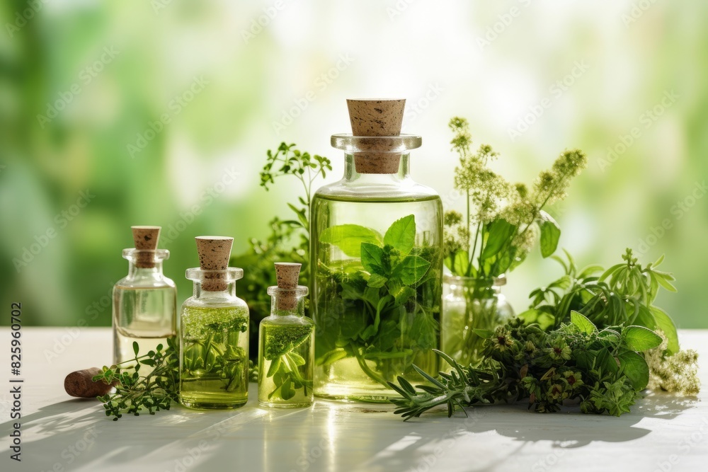 Different holistic herbs in oil bottles in a row on a wooden plank, light background. Chamomile, calendula, basil herbal aroma therapy Different holistic herbs in oil bottles in a row on a wooden plank, light background. Chamomile, calendula, basil herbal aroma therapy