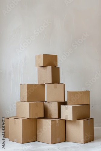Neatly stacked cardboard boxes  minimal style  white space  clean lines  subtle and modern