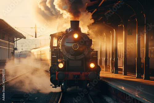 Majestic steam train arriving at the train station in the golden era of railways vector 3d rendering photo