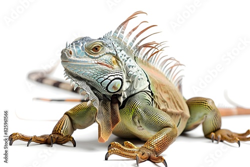 Closeup of Green Iguana Reptile on Plain White Background photo
