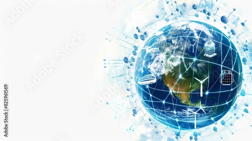 A closeup of Earth with overlay icons of green energy sources like solar panels and wind turbines  isolated on a white background with plenty of copy space