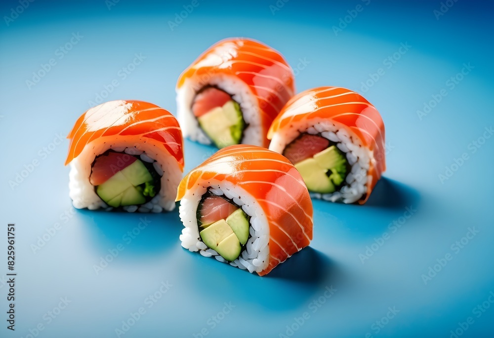 Capturing sushi's elegance against a tranquil blue canvas, a feast for the eyes. Capturing sushi's elegance against a tranquil blue canvas, a feast for the eyes.