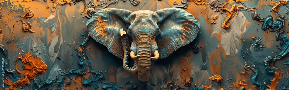 Fototapeta premium Majestic elephant with detailed textures, psychedelic color patterns, surreal savannah scene