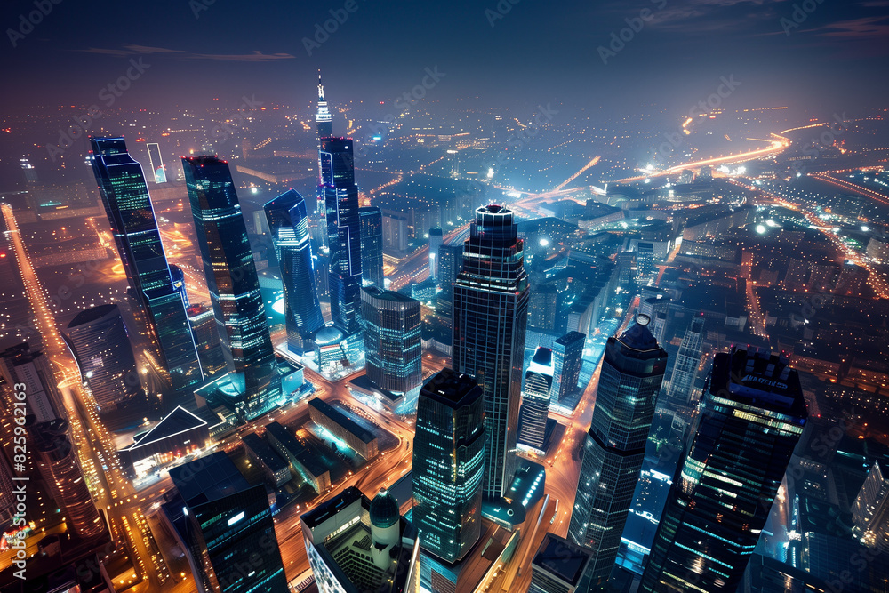 City Skyline at Night: Aerial View of Illuminated Skyscrapers City Skyline at Night: Aerial View of Illuminated Skyscrapers