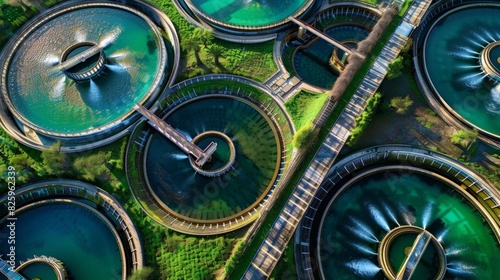 Water conservation efforts theme top view displaying reservoirs and irrigation systems cybernetic tone Tetradic color scheme photo