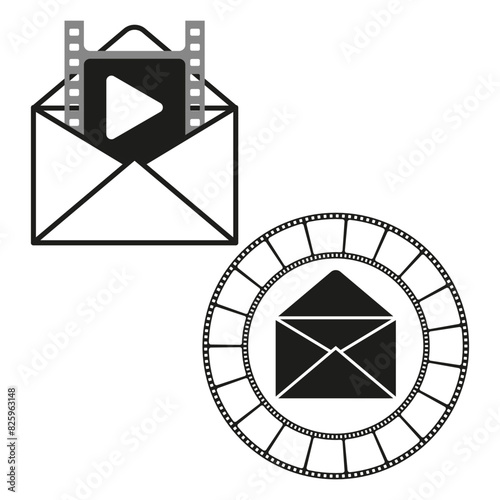 Film envelope icon. Play button message. Vector cinema mail. Decorative frame design.