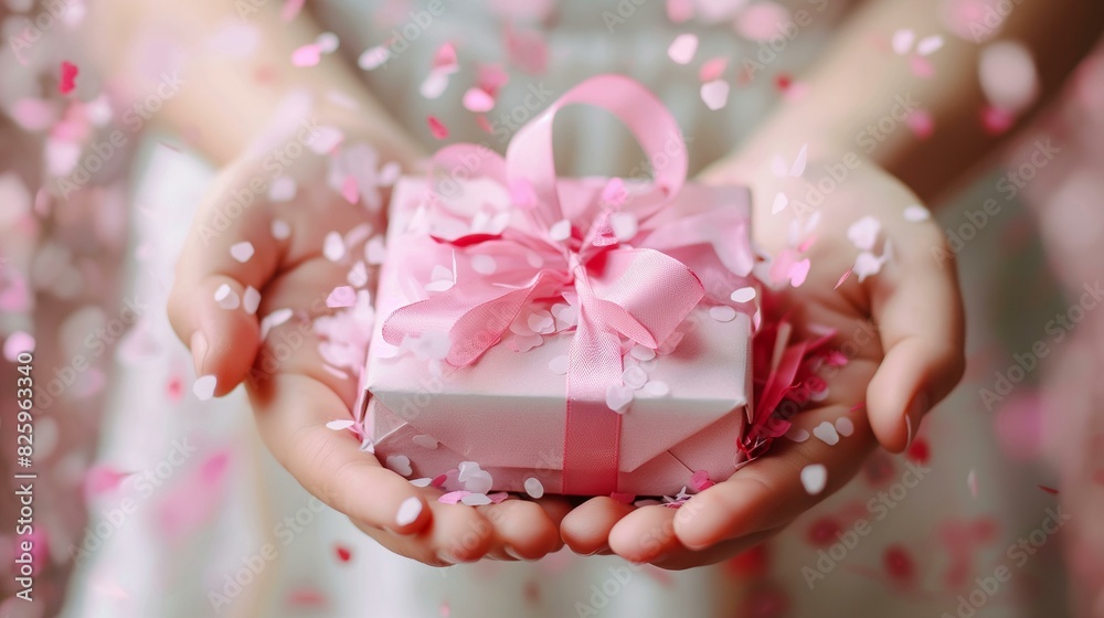 Hands Holding Gift Box With Pink Ribbon and Confetti for Celebration or Birthday Hands Holding Gift Box With Pink Ribbon and Confetti for Celebration or Birthday