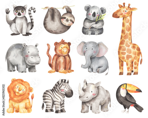 Cute rainforest animals set. Watercolor children illustrations isolated on white background. Hand-drawn tropical animals - lemur, giraffe, monkey, elephant, lion, zebra