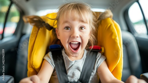 Excited Child in Car Seat Enjoying a Fun Ride in the Backseat of a Car