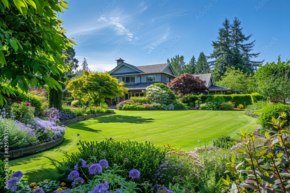 A picturesque landscape featuring a manicured garden brimming with healthy shrubs, vibrant blooms, and a pristine lawn