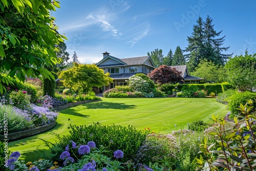 A picturesque landscape featuring a manicured garden brimming with healthy shrubs, vibrant blooms, and a pristine lawn