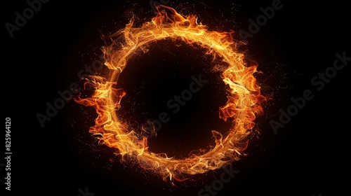 Intense fire ring, flames flickering dynamically, solid black background, stark contrast, highlighting the vivid blaze