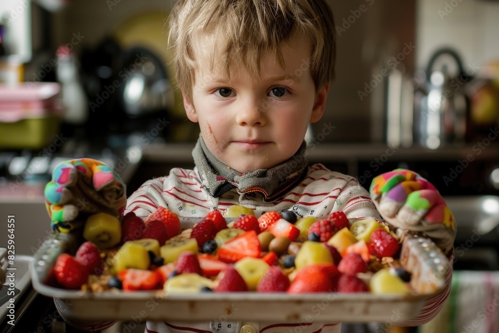 Fototapeta premium Bake. Boy Wearing Oven Gloves Holding Fruit Cake on Tray
