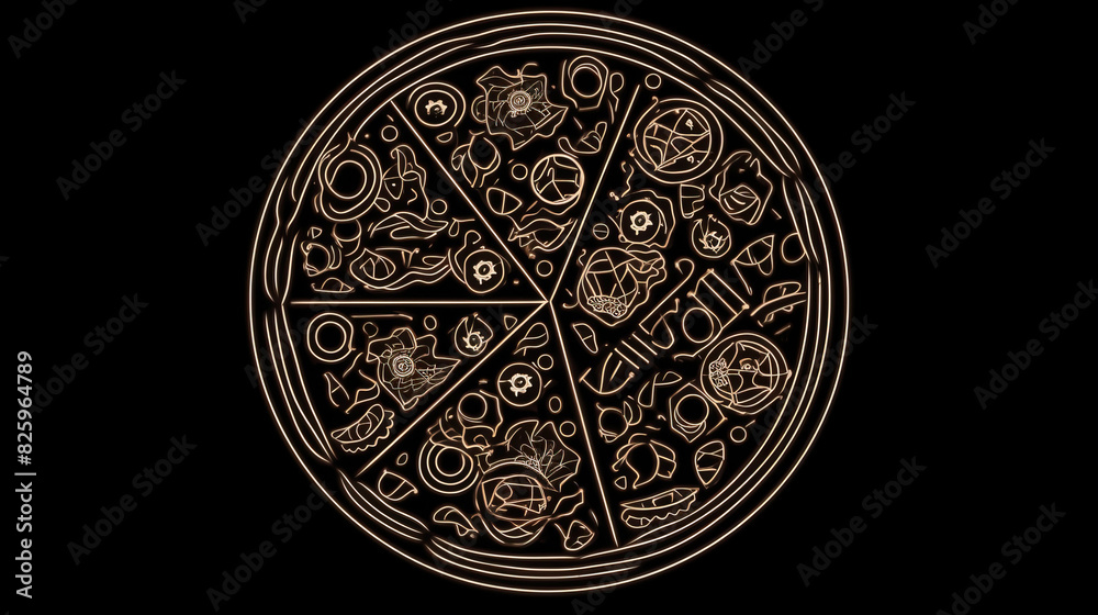 Pizza sliced, graphic contour illustration on a dark black background, isolate. AI generated. Pizza sliced, graphic contour illustration on a dark black background, isolate. AI generated.