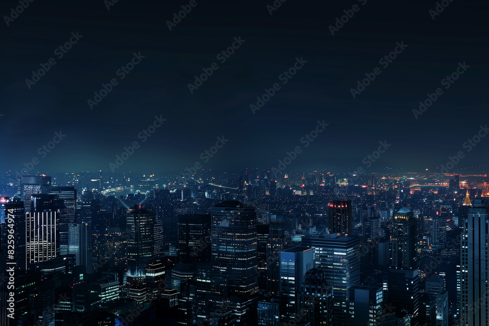 Fototapeta premium City Skyline at Night: Aerial View of Illuminated Skyscrapers