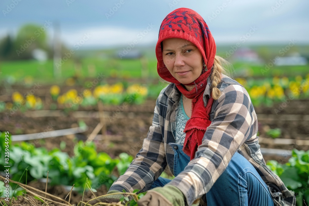 Russian woman farmer working in a field Russian woman farmer working in a field