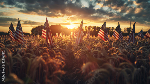 american flag field at sunset memorial day 4th of july labour day independece day photo