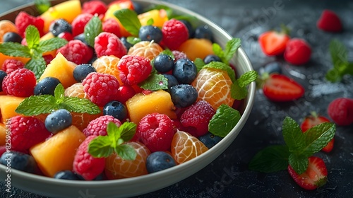 Assortment of Fresh Colorful Berries and Tropical Fruits in a Bowl with Mint Leaves Healthy Organic Delicious Snack or Breakfast Concept