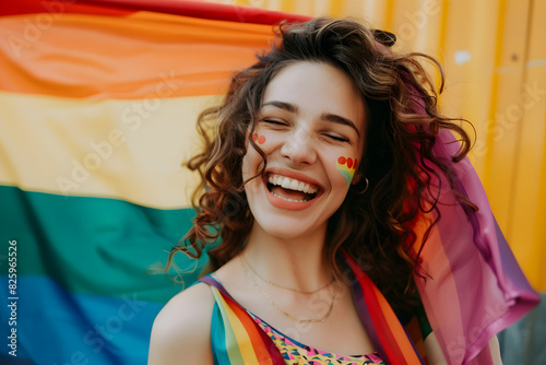 Young transgender woman with LGBTQ flag. Happy pride month.