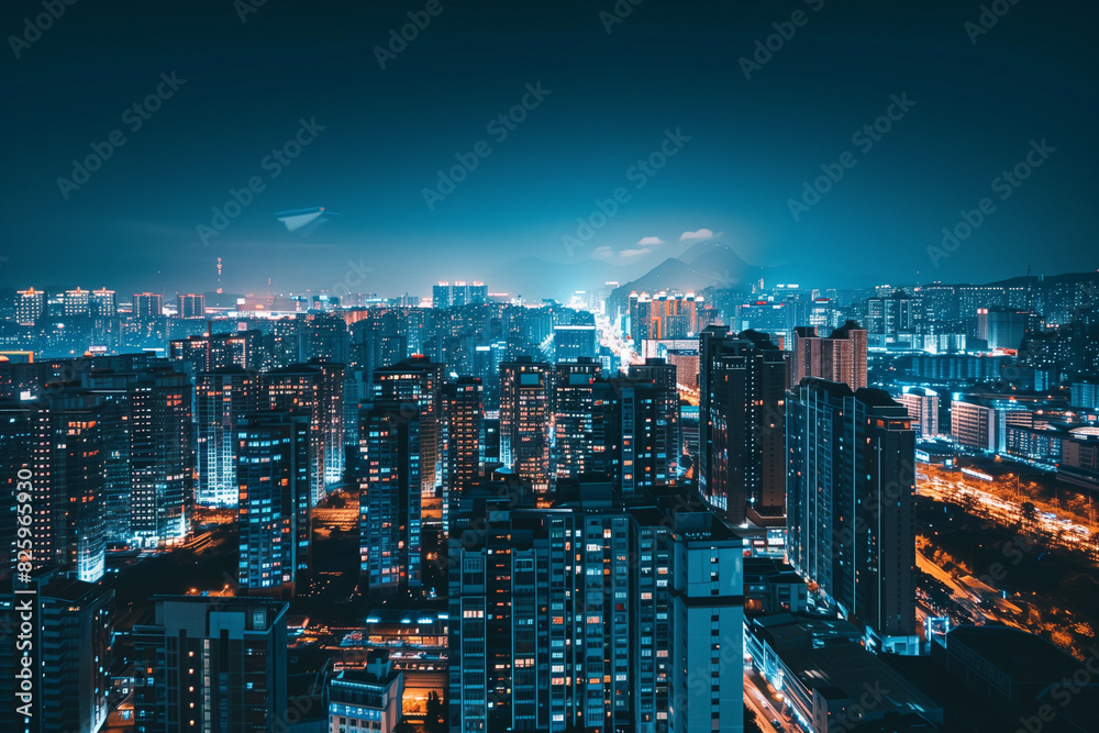 Fototapeta premium City Skyline at Night: Aerial View of Illuminated Skyscrapers