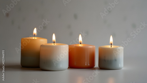 Photograph decorative candles in minimalist holders on a white background