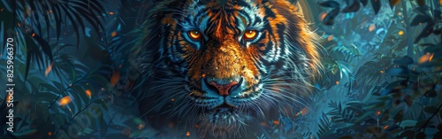 Fierce tiger with intense gaze, wild stripes in neon colors, surreal jungle background