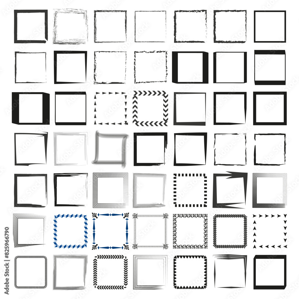 Collection of square frames. Variety of border designs. Set of artistic edges. Decorative square outlines. Vector illustration. EPS 10.
