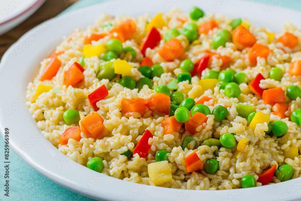 pilaf with vegetables. on a blue table there is a white plate with pilaf and cubes of vegetables, close-up top view healthy concept pilaf with vegetables. on a blue table there is a white plate with pilaf and cubes of vegetables, close-up top view healthy concept
