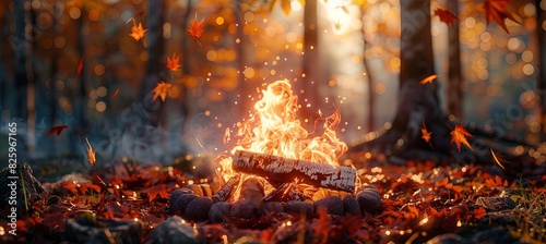Cozy Campfire: A crackling campfire with fall leaves scattered around, set against a backdrop of trees in brilliant autumn hues © Mari