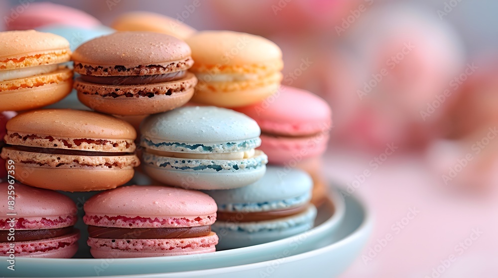 Delectable Assortment of Colorful Handcrafted French Macarons on Pastel Plate