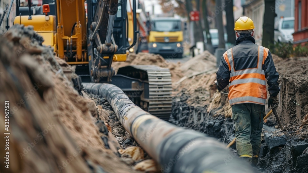 Alongside a large excavator the site manager inspects the placement of underground pipes and utilities. Alongside a large excavator the site manager inspects the placement of underground pipes and utilities.
