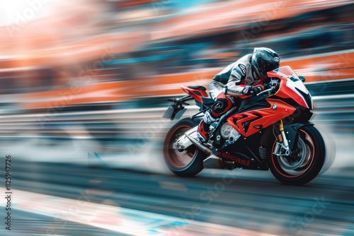 Superbike racer is crossing the track finish line  motion blur