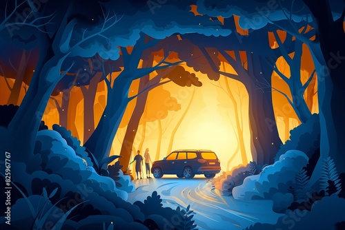 Trailhead Adventure: Vector paper cut illustration of a car parked at a trailhead, with hikers setting off on a path through the woods, under warm summer light photo