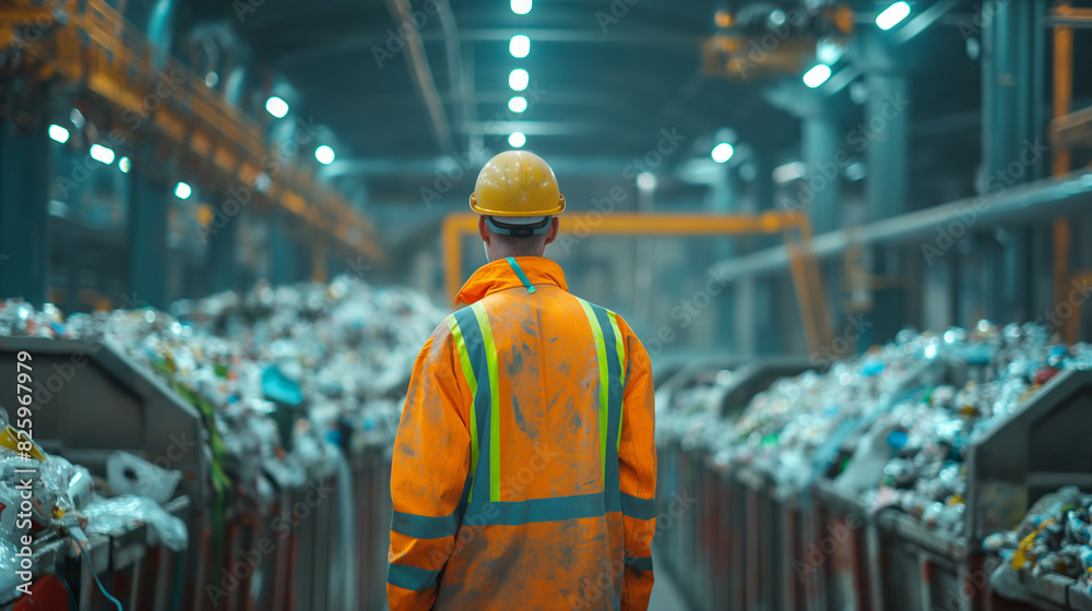 Worker at a recycling facility. Worker at a recycling facility.