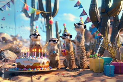 Image Description: A family of meerkats gathered around a birthday cake with lit candles, wearing tiny birthday hats photo